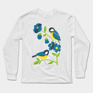 great tit on blue bells flowers Long Sleeve T-Shirt
